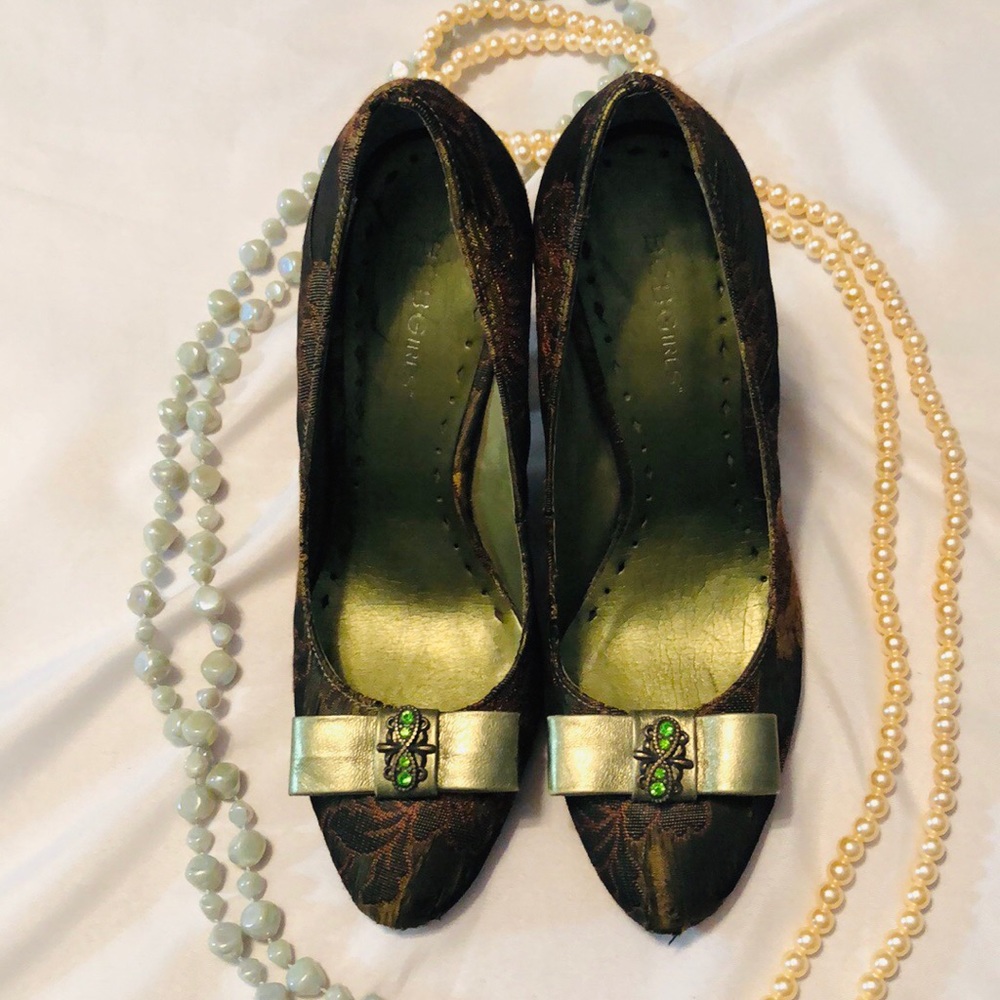 4” heels with gorgeous fabric upper & jewel accent